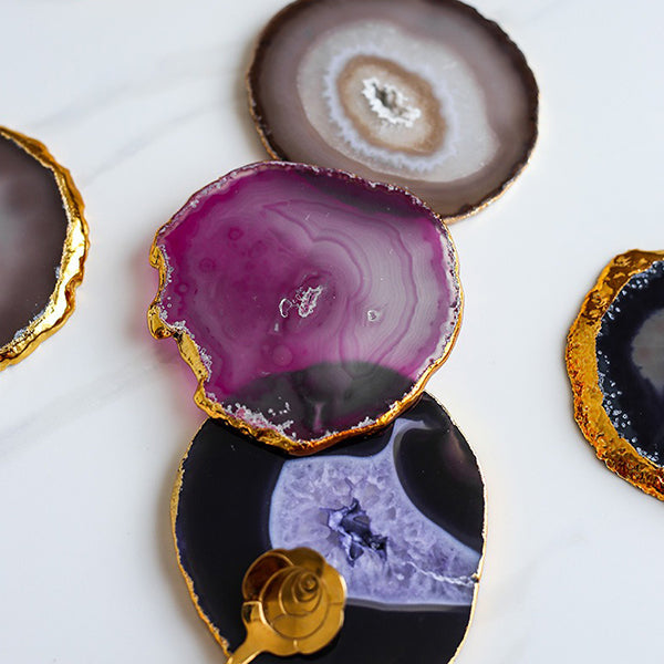 Natural Agate Coaster - Irregular Shape - Gold Trim - Blue - Purple - Green