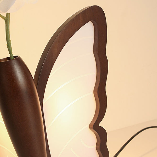Vintage Butterfly Table Lamp - Walnut Wood & PC - Flower Vase Design - Soft Ambient Lighting - Elegant Home Décor