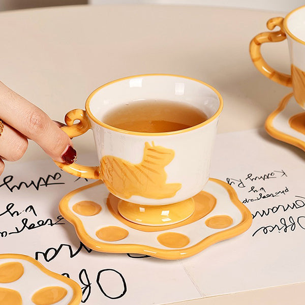 Cartoon Cat Ceramic Tea Set - Adorable Kettle with Ears - Two Teacups with Saucers - Orange - Black - Cute Gift Idea