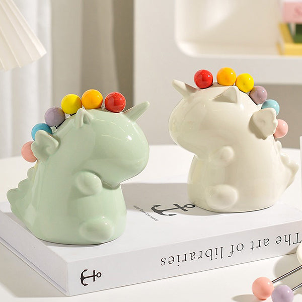 Unicorn Fruit Fork Set - Ceramic Holder - 6 Forks Included - Cute Table Decor - Pink - Green - White - Yellow