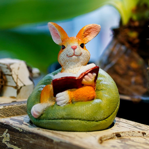 Reading Bunny Figurine - Sofa Style Bunny Decor - Resin Easter Ornament - Cute Animal Sculpture - Home Shelf Decoration