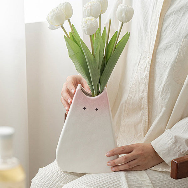 Cute Cat Ceramic Vase - Black White & Pink - Two Sizes - Hydroponic & Fresh Flowers - Decorative Home Accent