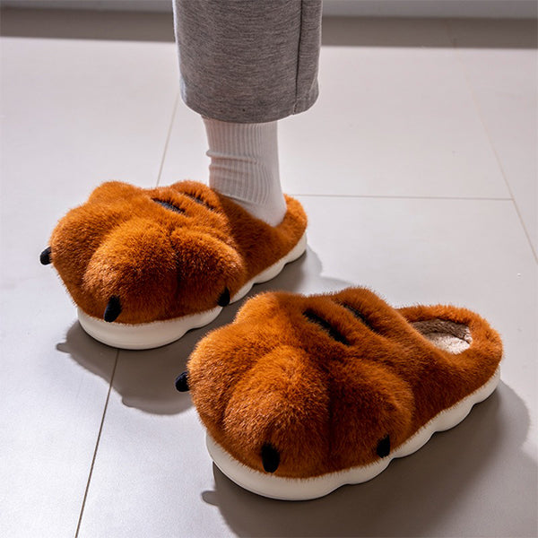 Plush Tiger Paw Slippers - Fuzzy Winter Comfort - Unisex Design - Brown - Yellow - White