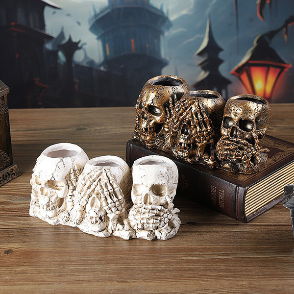 Skull Planters - Distressed White and Gold Resin Pots - Unique Gothic Home Decor