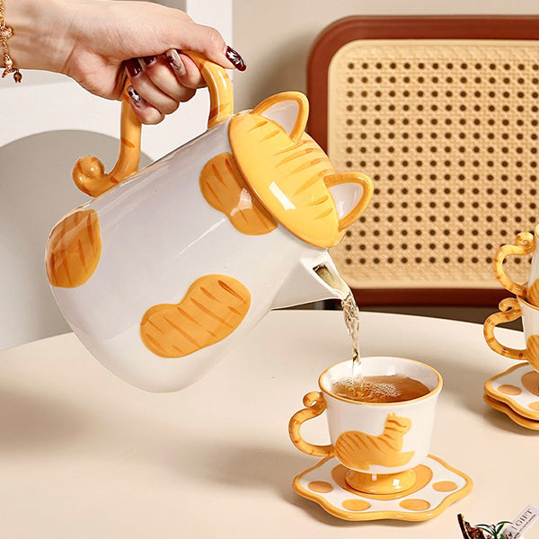 Cartoon Cat Ceramic Tea Set - Adorable Kettle with Ears - Two Teacups with Saucers - Orange - Black - Cute Gift Idea