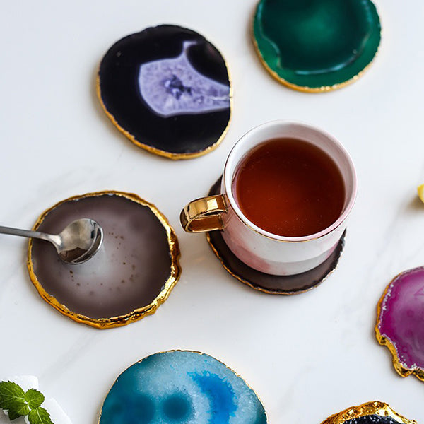 Natural Agate Coaster - Irregular Shape - Gold Trim - Blue - Purple - Green