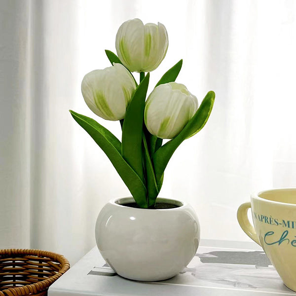 Tulip Night Light - White and Pink - Rechargeable - Three Brightness Levels - Touch-Sensitive Switch - Ceramic Base