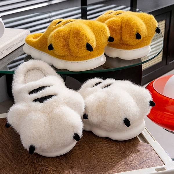 Plush Tiger Paw Slippers - Fuzzy Winter Comfort - Unisex Design - Brown - Yellow - White