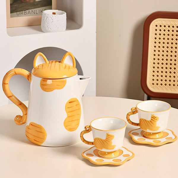 Cartoon Cat Ceramic Tea Set - Adorable Kettle with Ears - Two Teacups with Saucers - Orange - Black - Cute Gift Idea