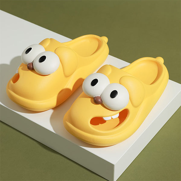 Funny Dog Face Slippers - Big Eyes Design - Tongue-Out Foot Style - Green - Pink - Yellow