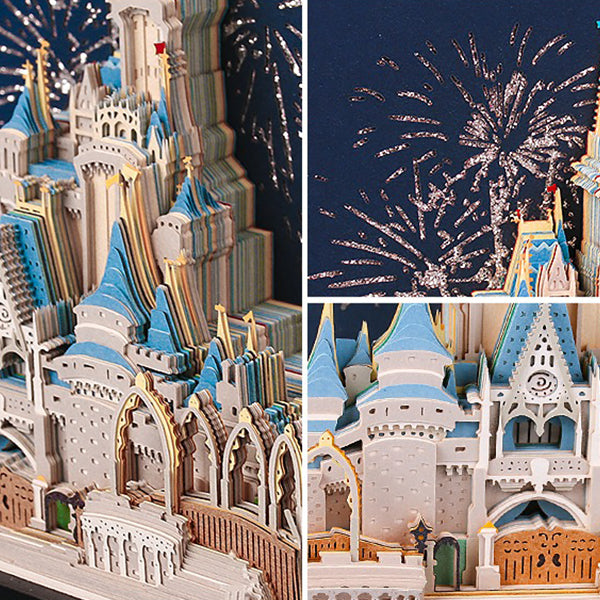 3D Castle Note Paper Sculpture - Hand-Torn Paper Art - Fireworks - Unique Decorative Piece
