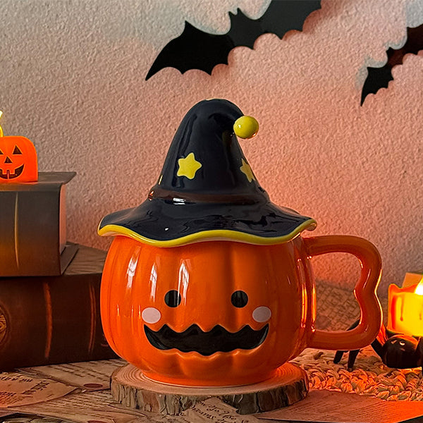 Halloween Pumpkin Mug with Enchanted Hat Lid - Brown - Black - Blue - Ceramic