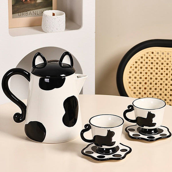 Cartoon Cat Ceramic Tea Set - Adorable Kettle with Ears - Two Teacups with Saucers - Orange - Black - Cute Gift Idea