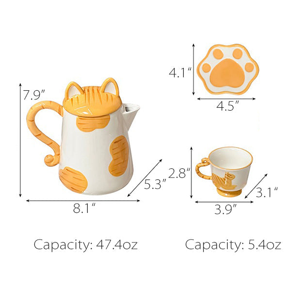 Cartoon Cat Ceramic Tea Set - Adorable Kettle with Ears - Two Teacups with Saucers - Orange - Black - Cute Gift Idea