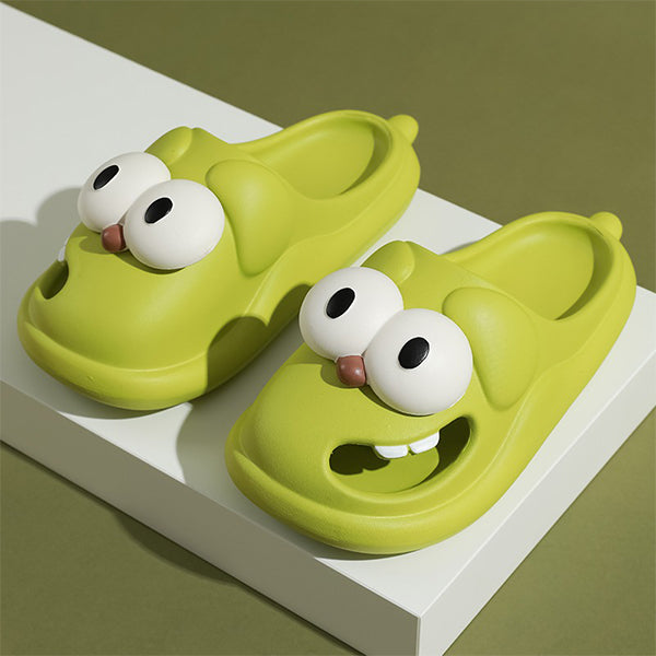 Funny Dog Face Slippers - Big Eyes Design - Tongue-Out Foot Style - Green - Pink - Yellow