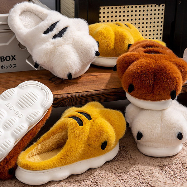 Plush Tiger Paw Slippers - Fuzzy Winter Comfort - Unisex Design - Brown - Yellow - White