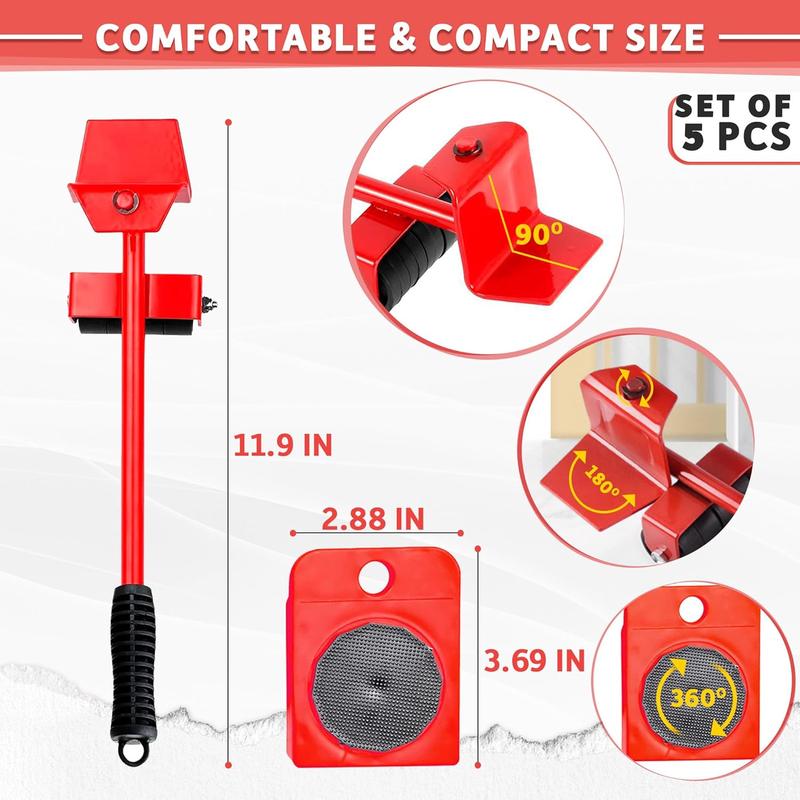 5-Pack Furniture Moving Kit - Heavy-Duty Slider Pads - Steel Lifter Tool - Easy Home Relocation - Red or Yellow